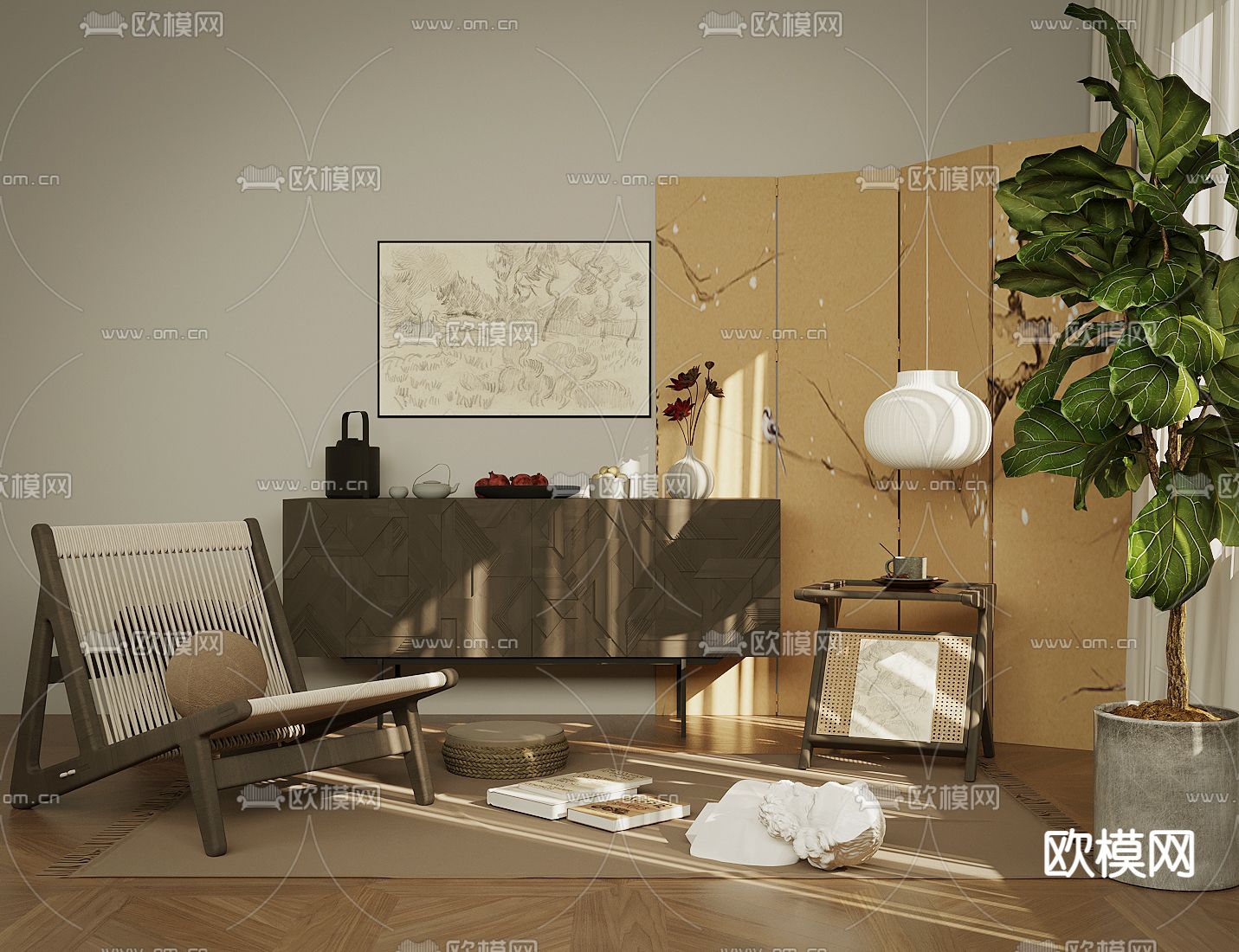 中古风休闲椅 装饰柜su模型下载（渲染图1）