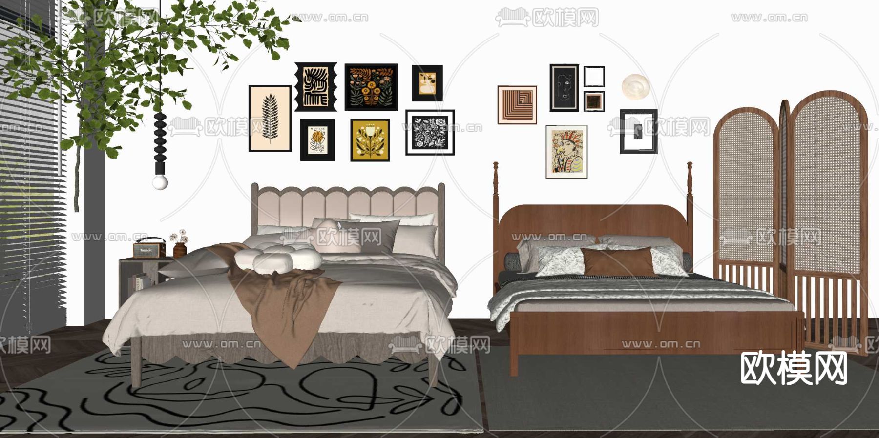 中古风双人床su模型下载（渲染图2）