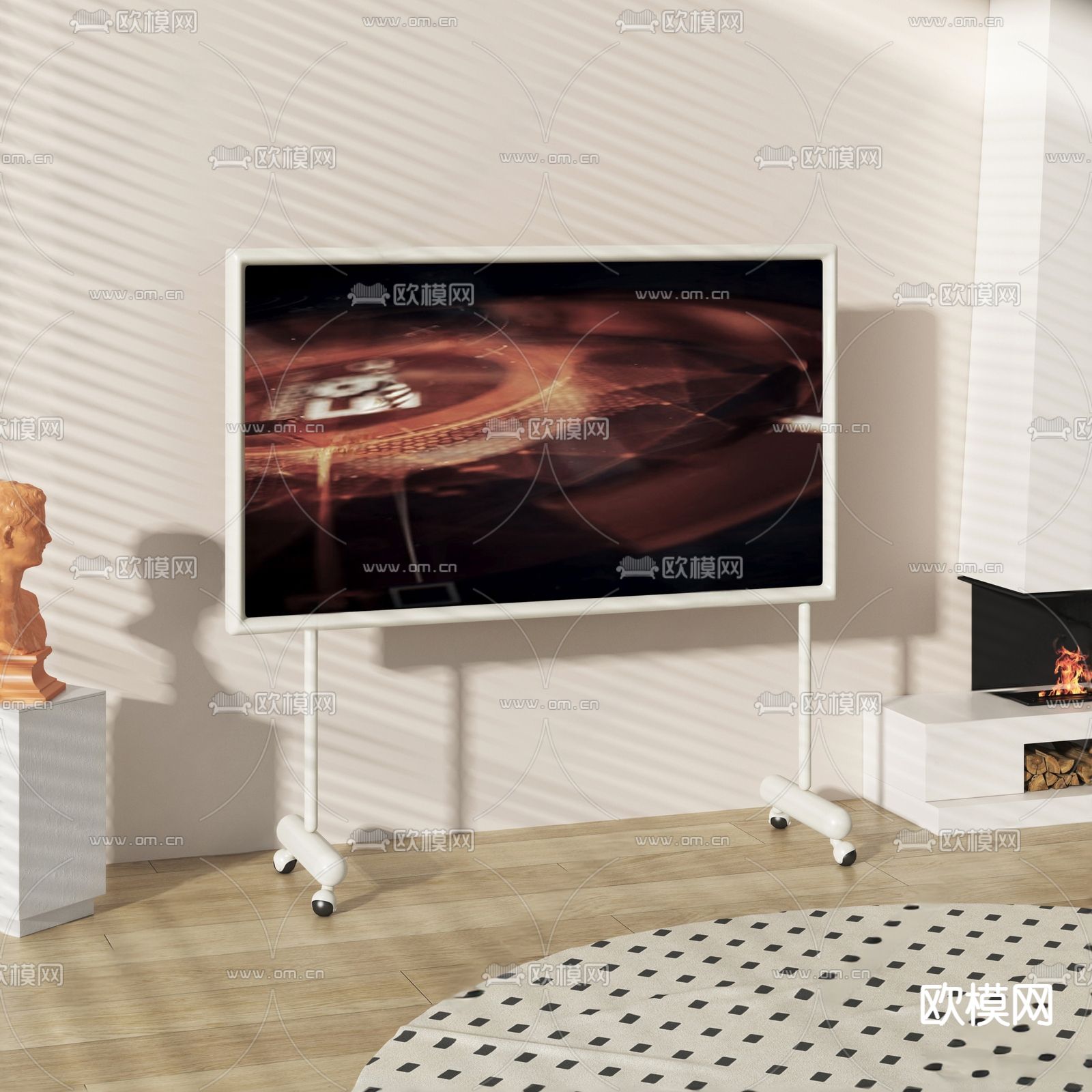 奶油风电视架su模型下载（渲染图1）