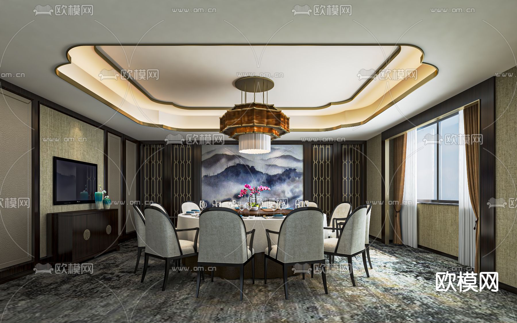 新中式餐厅包厢su模型下载（渲染图1）