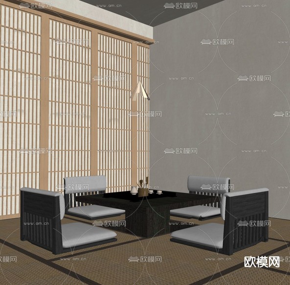 日式茶桌椅su模型下载(渲染图2)