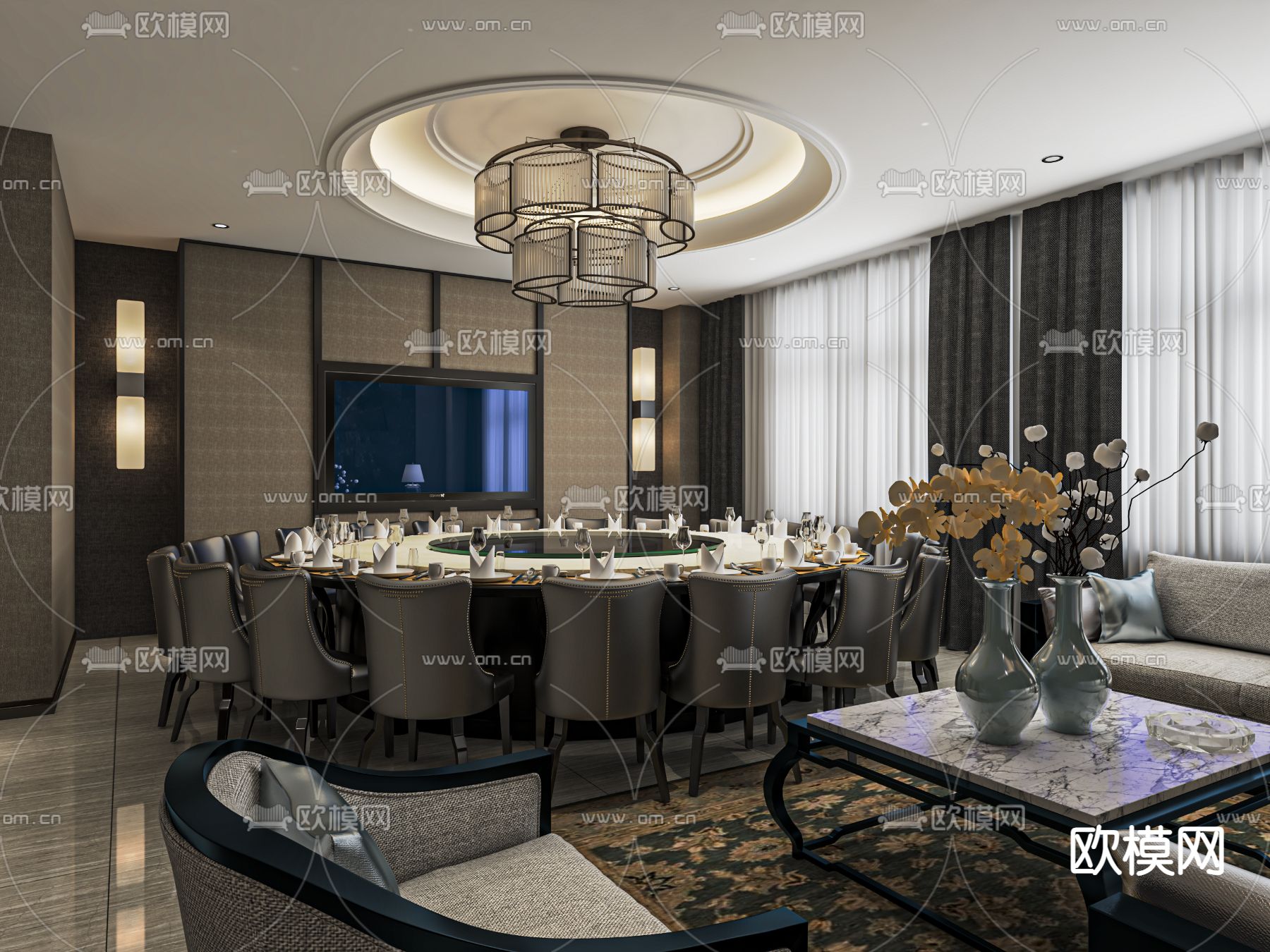 现代餐厅包厢su模型下载（渲染图1）