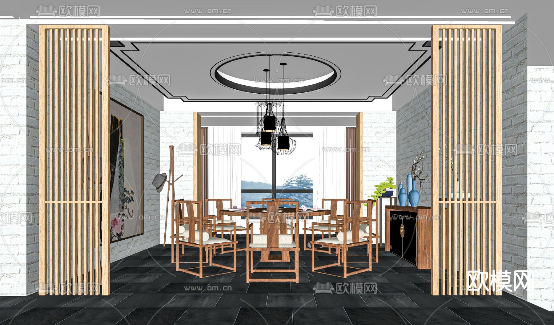 新中式餐厅包厢su模型下载（渲染图1）
