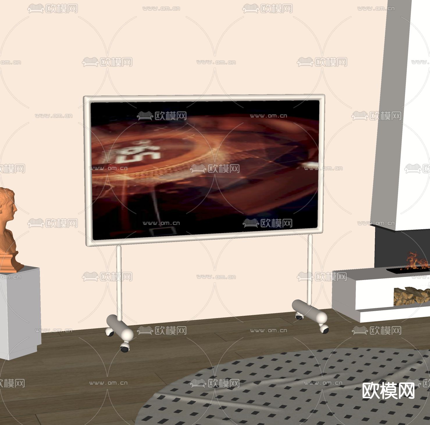 奶油风电视架su模型下载（渲染图2）