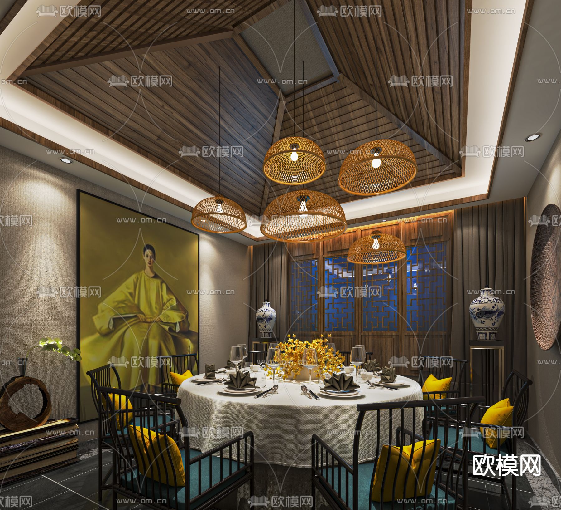 新中式餐厅包厢su模型下载（渲染图1）