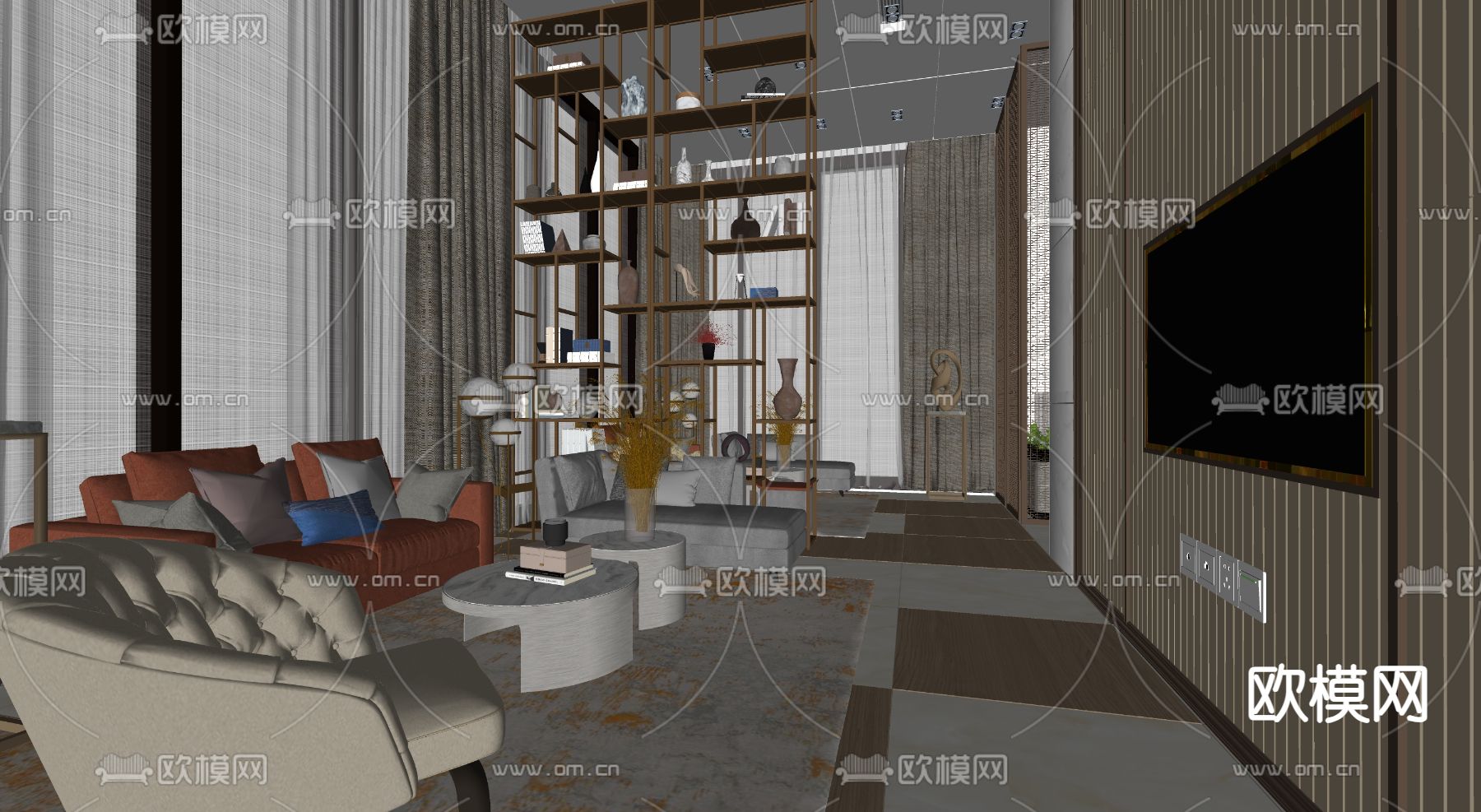 新中式售楼部 接待区su模型下载（渲染图1）