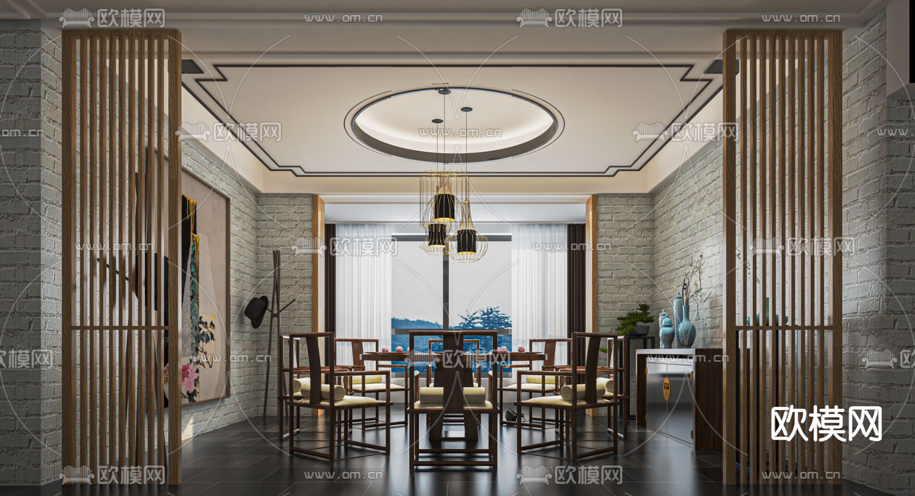新中式餐厅包厢su模型下载（渲染图2）