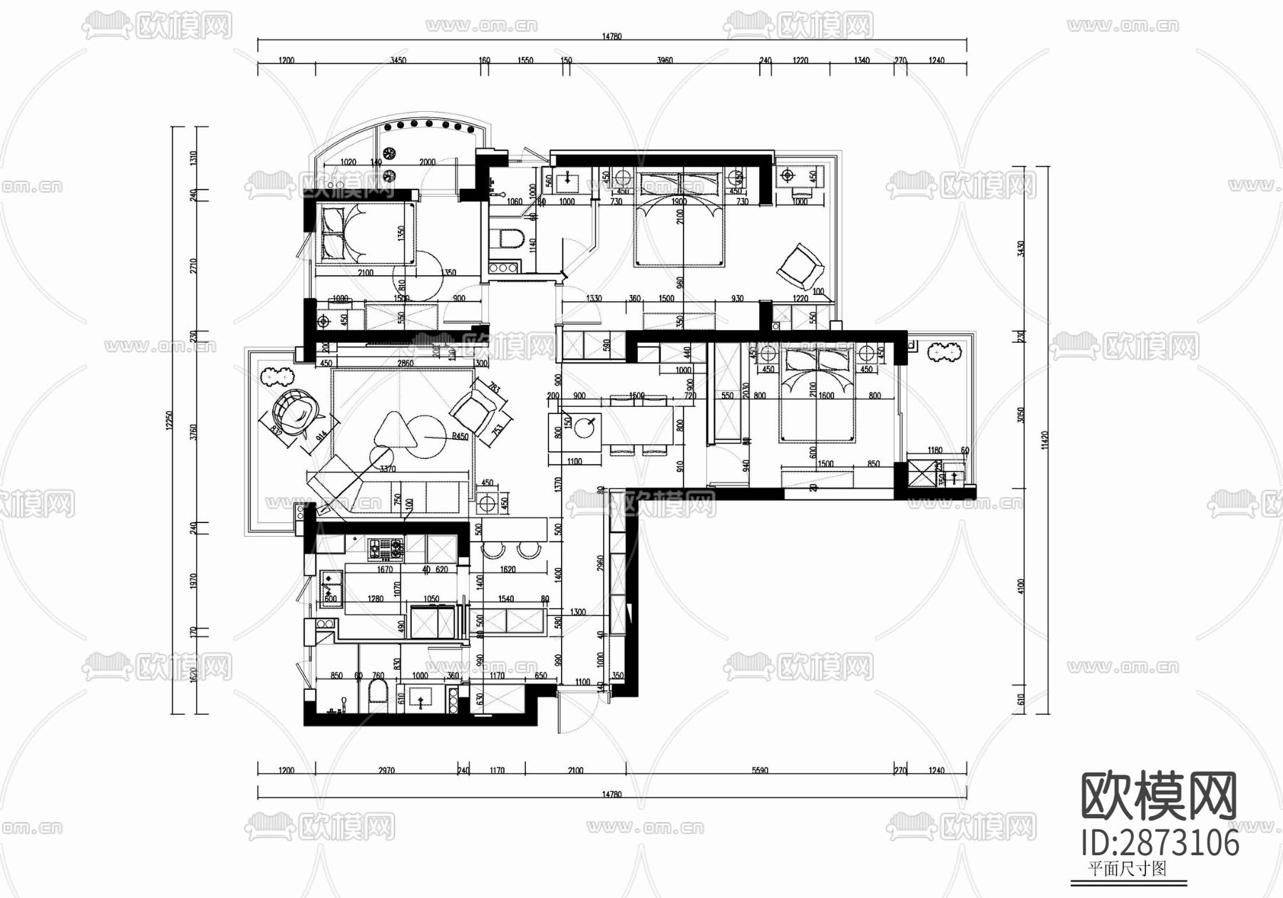 家装平层cad施工图下载（渲染图2）