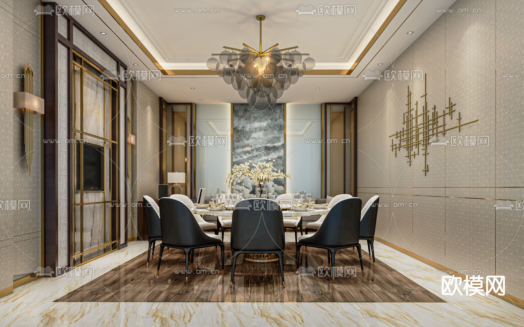 新中式餐厅包厢su模型下载（渲染图1）