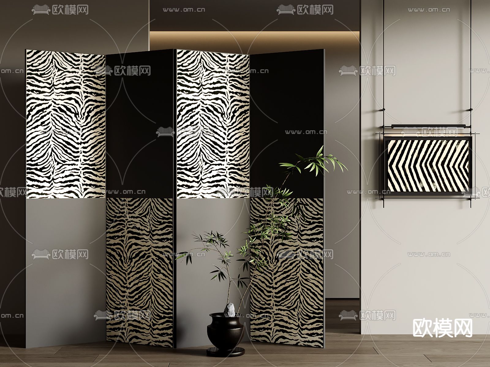 中古风屏风su模型下载（渲染图1）