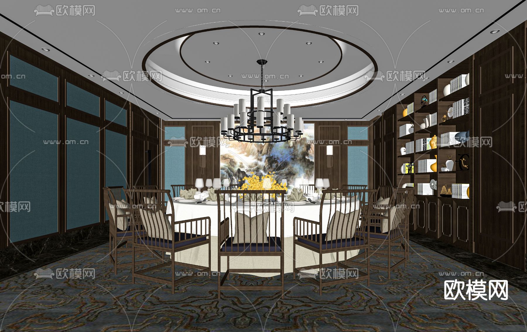 新中式餐厅包厢su模型下载（渲染图2）
