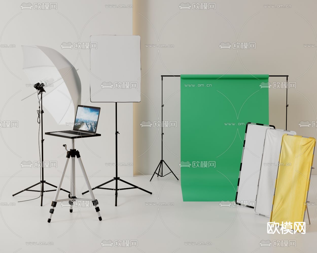 摄影棚器材 摄影台 闪光灯 反光板 绿幕3d模型下载
