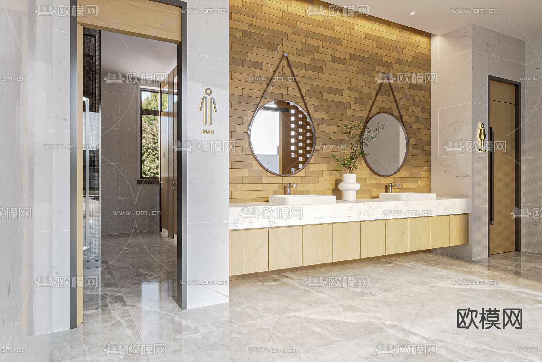现代公共卫生间su模型下载（渲染图1）