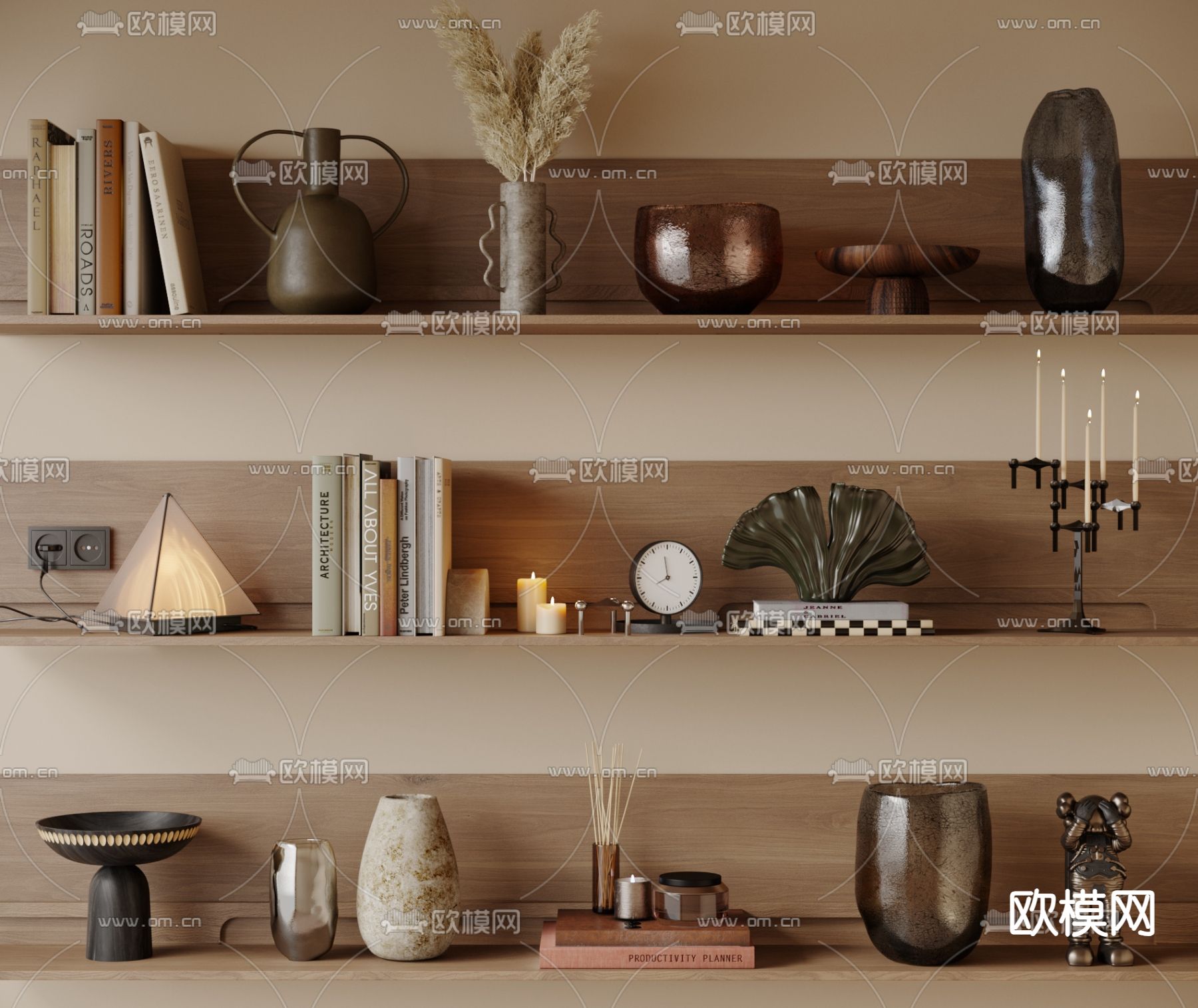 侘寂装饰品 摆件 陶罐 干枝 书籍 烛台3d模型下载