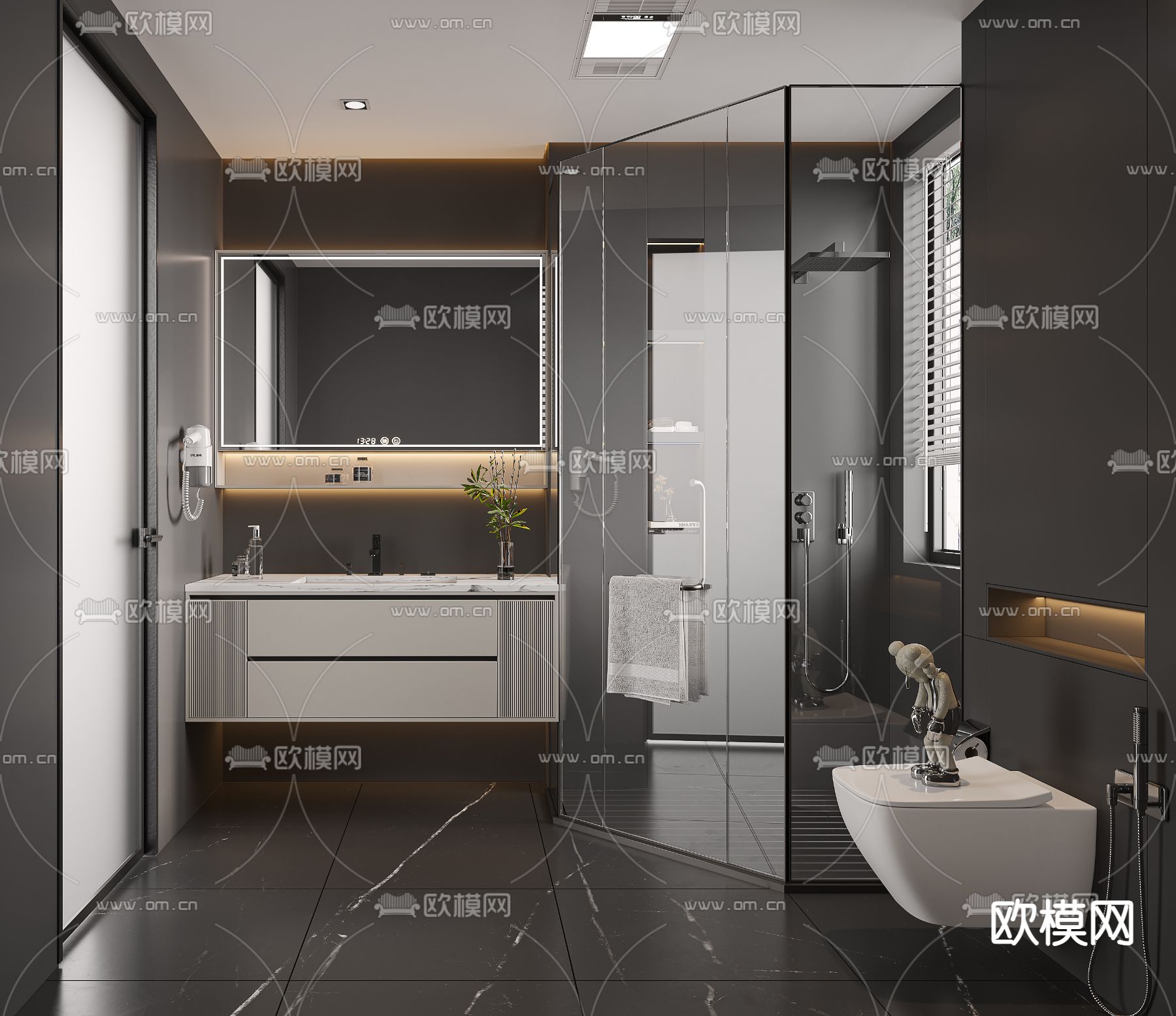 暗黑风卫生间 浴室3d模型下载（渲染图1）