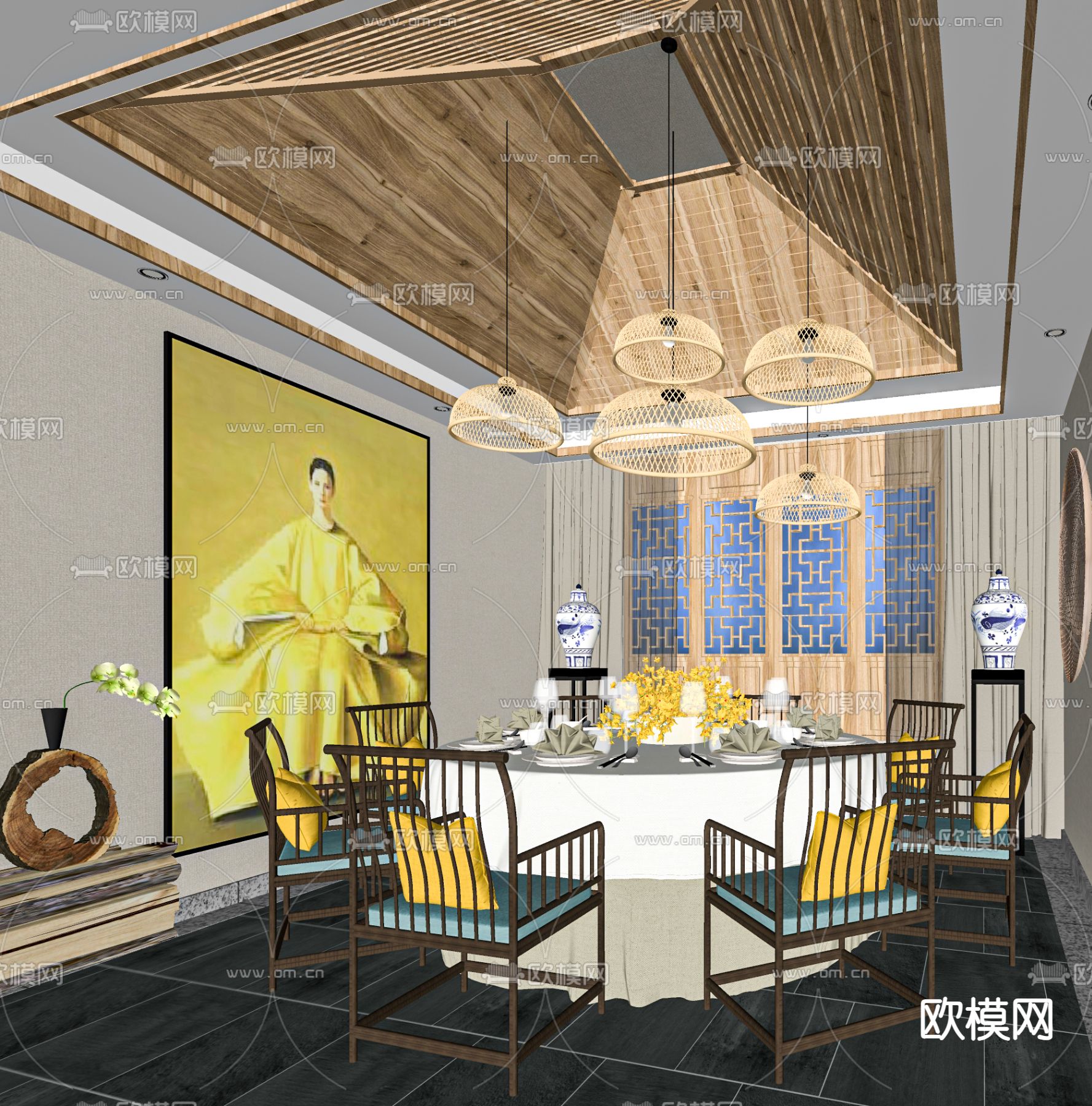 新中式餐厅包厢su模型下载（渲染图2）