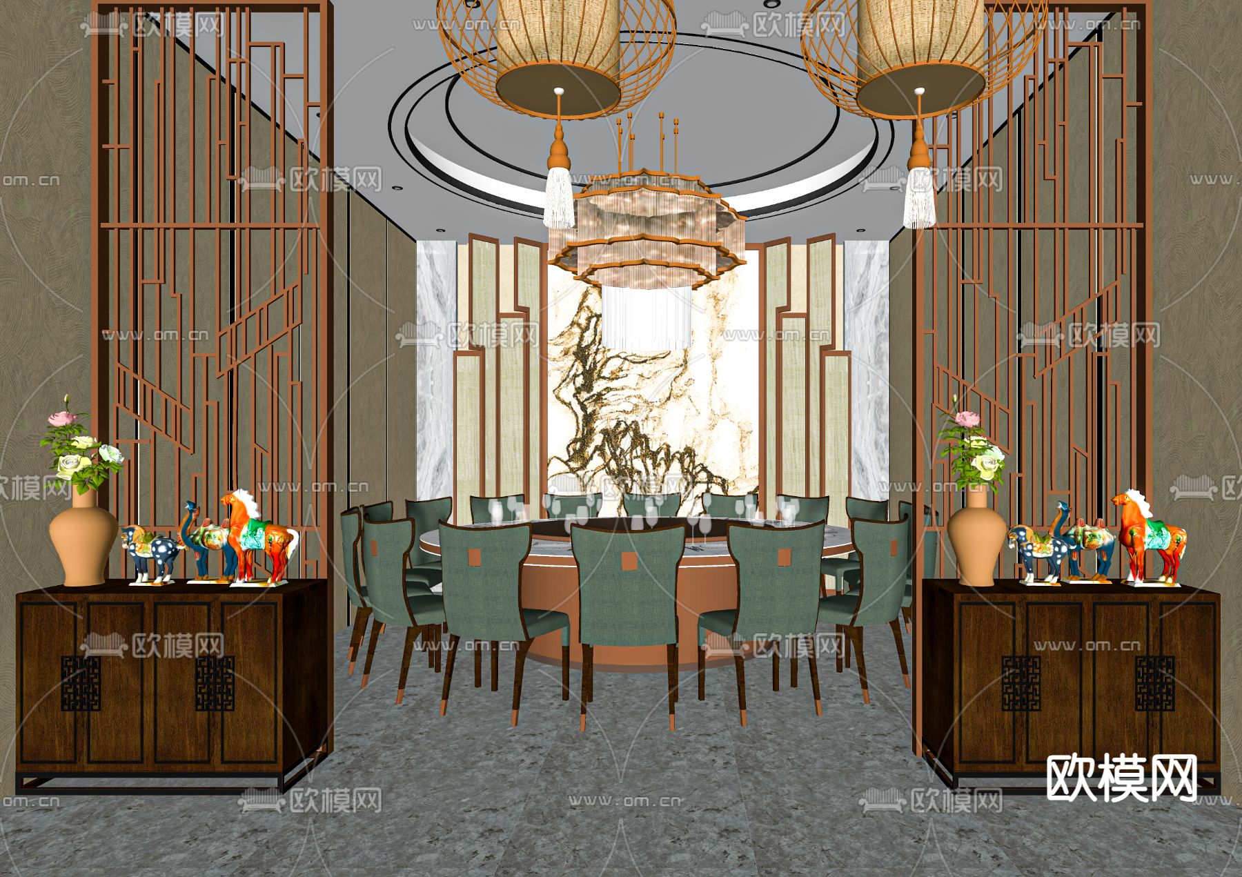 新中式餐厅包厢su模型下载（渲染图2）