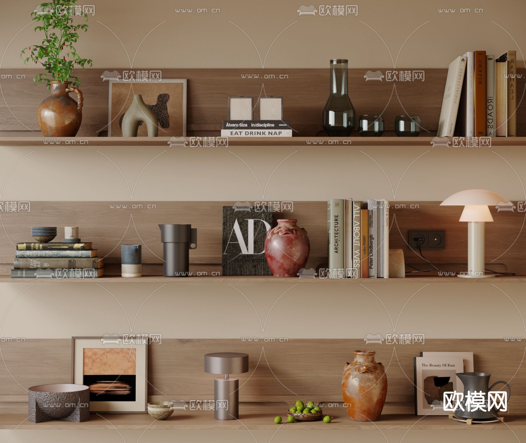 侘寂装饰品 摆件 陶罐 书籍 台灯3d模型下载