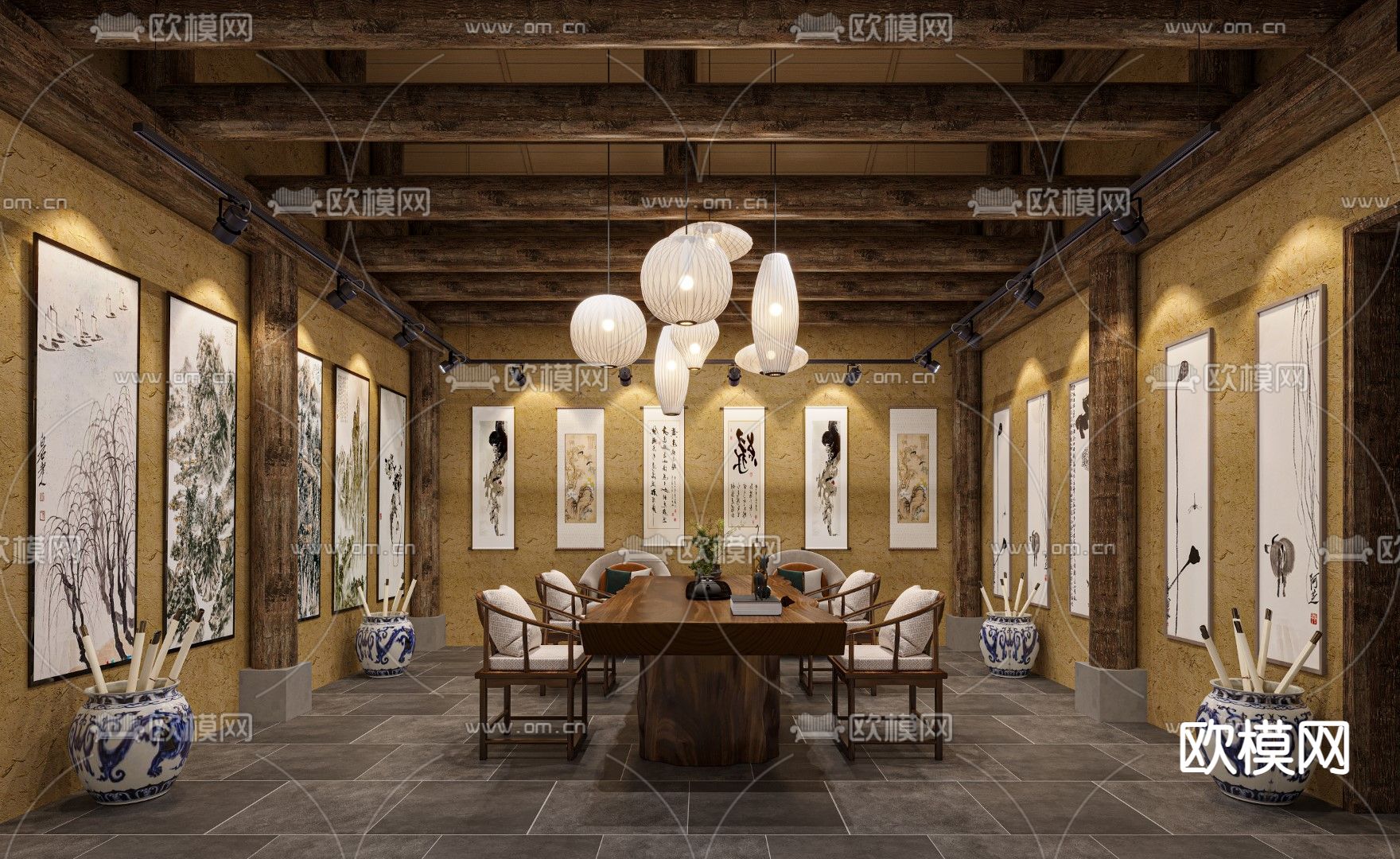 新中式字画展厅su模型下载（渲染图1）