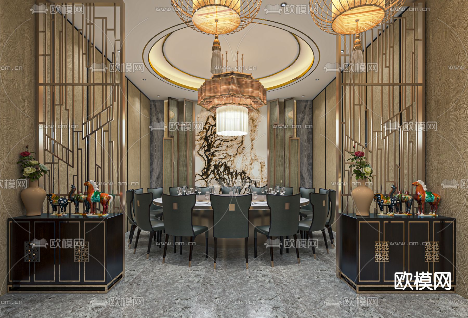 新中式餐厅包厢su模型下载（渲染图1）