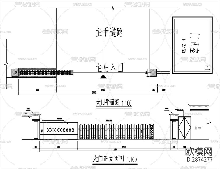 廠區(qū)入口大門cad施工圖下載