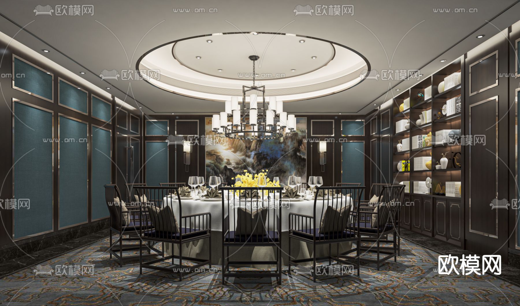 新中式餐厅包厢su模型下载（渲染图1）