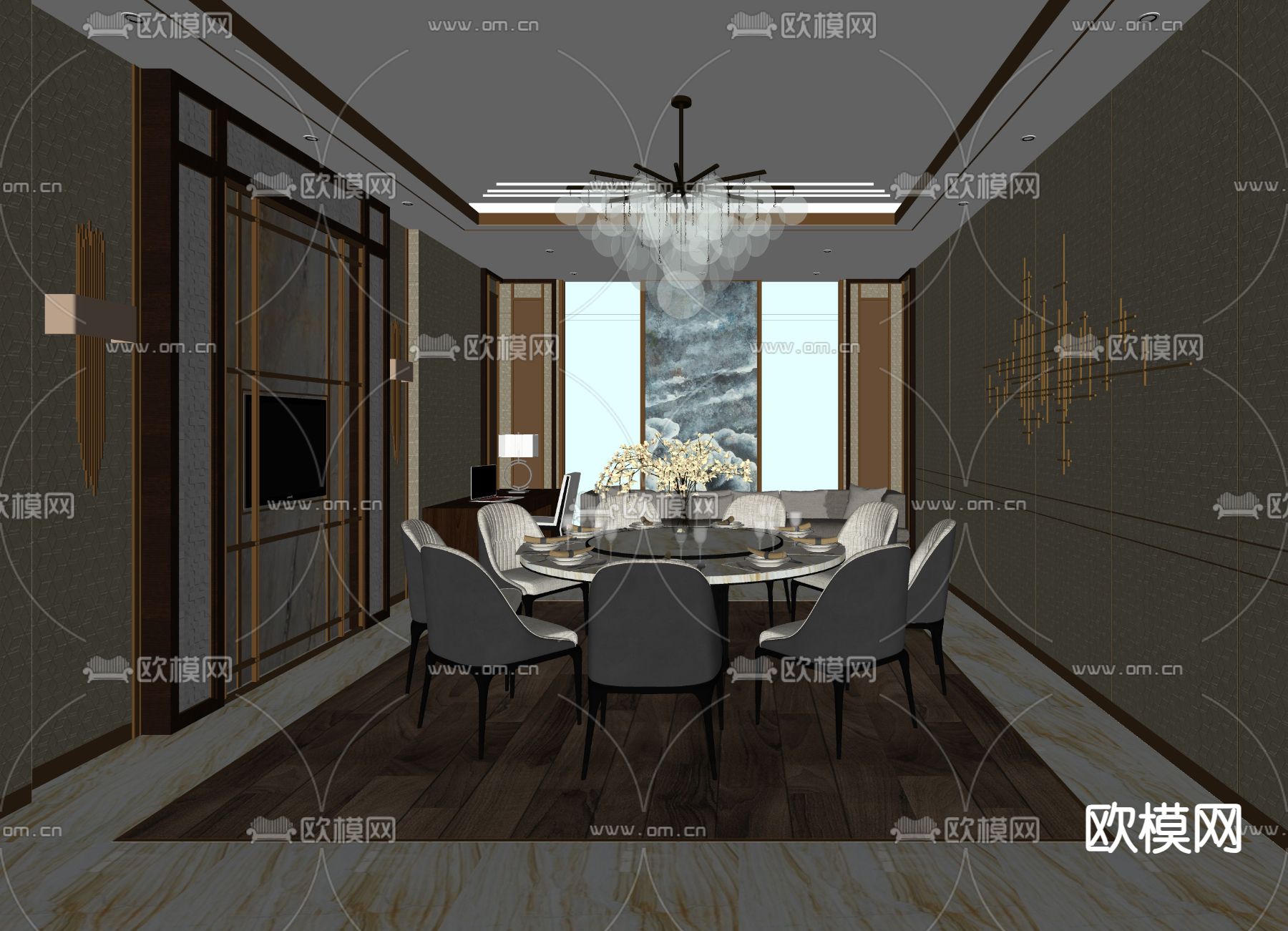 新中式餐厅包厢su模型下载（渲染图2）
