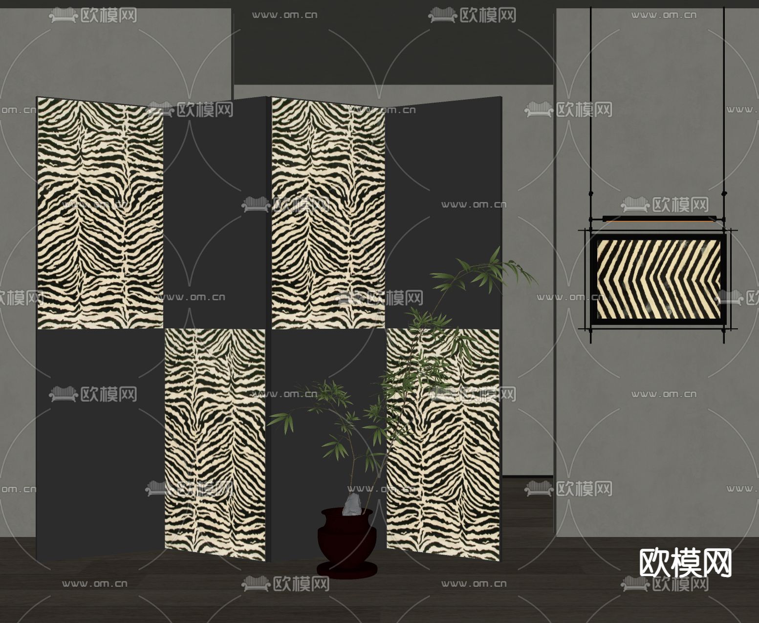 中古风屏风su模型下载（渲染图2）