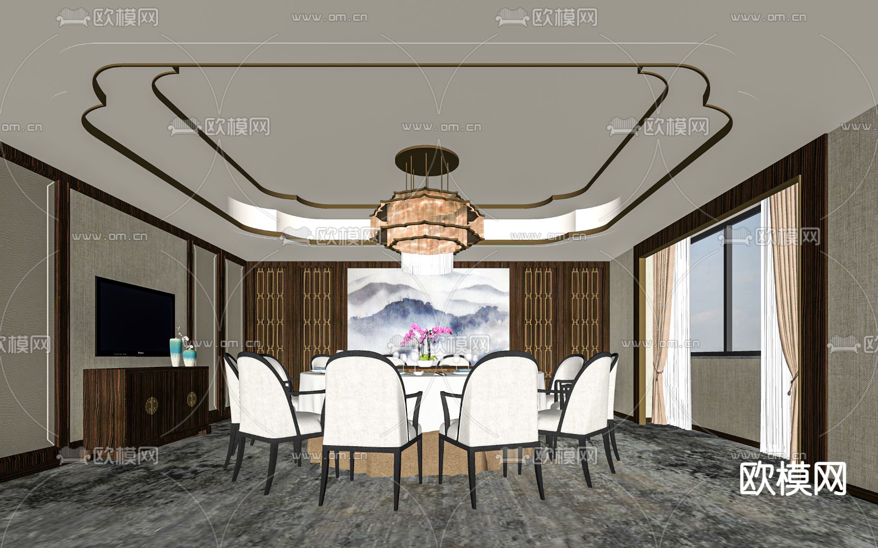 新中式餐厅包厢su模型下载（渲染图2）