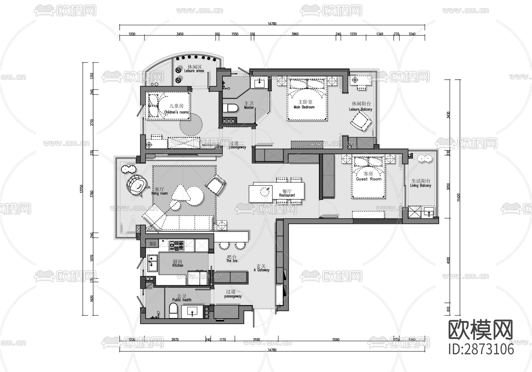 家装平层cad施工图下载（渲染图1）