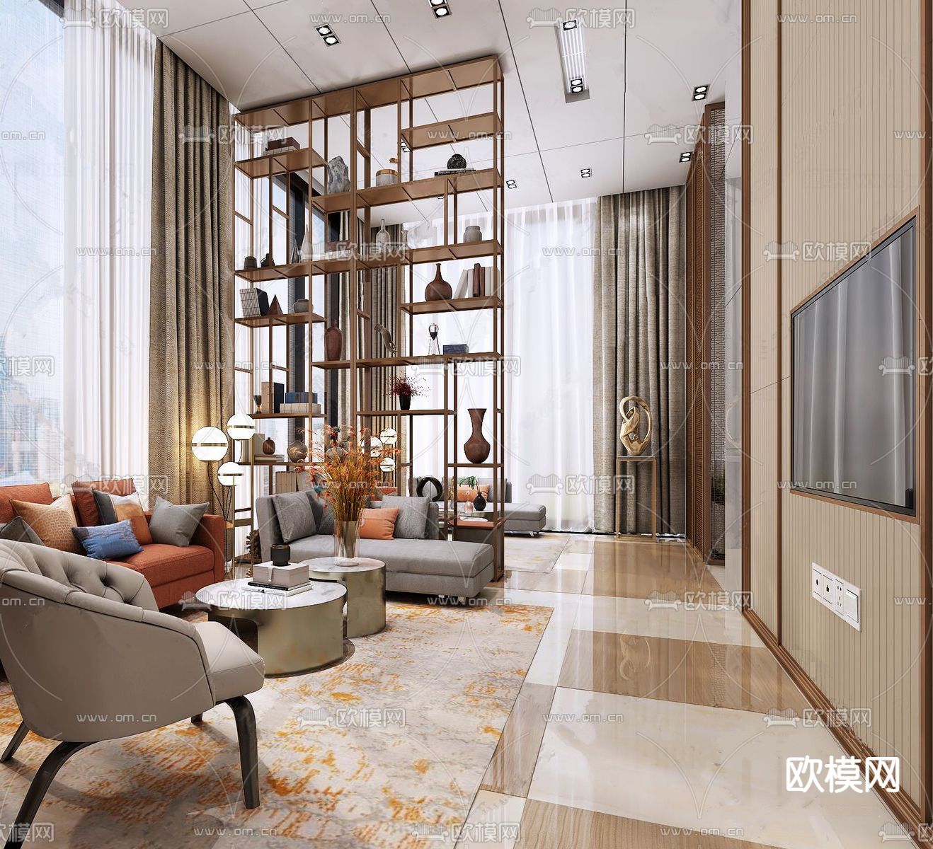 新中式售楼部 接待区su模型下载（渲染图2）