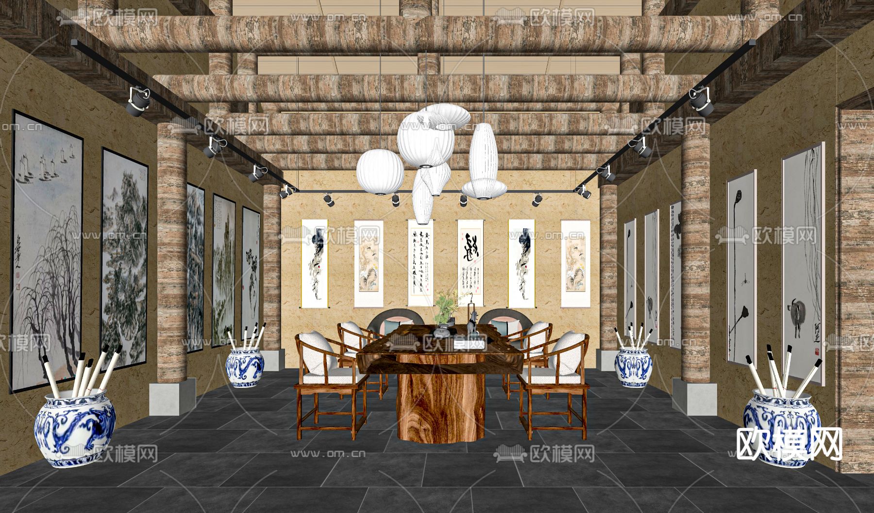 新中式字画展厅su模型下载（渲染图2）