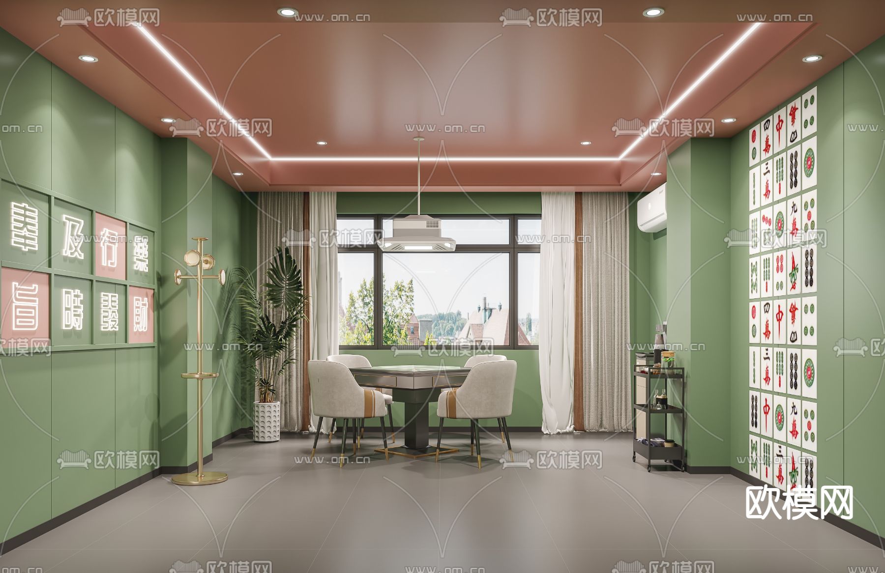 国潮风棋牌室 麻将室3d模型下载（渲染图1）
