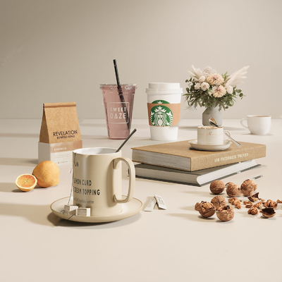  咖啡奶茶水杯 零食组合su模型 