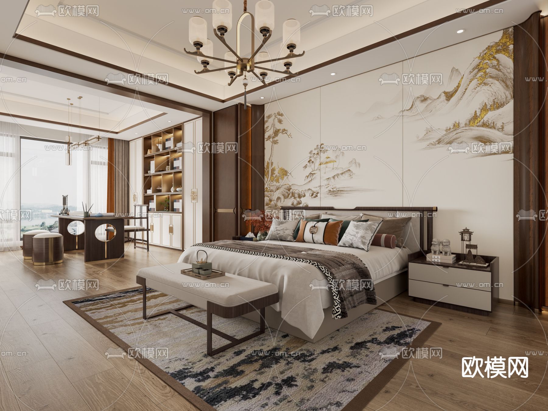 新中式卧室 主卧 主人房3d模型下载_ID14299166_3dmax免费模型-欧模网