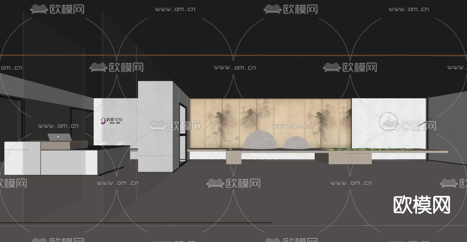 办公前台 电梯间su模型下载（渲染图2）