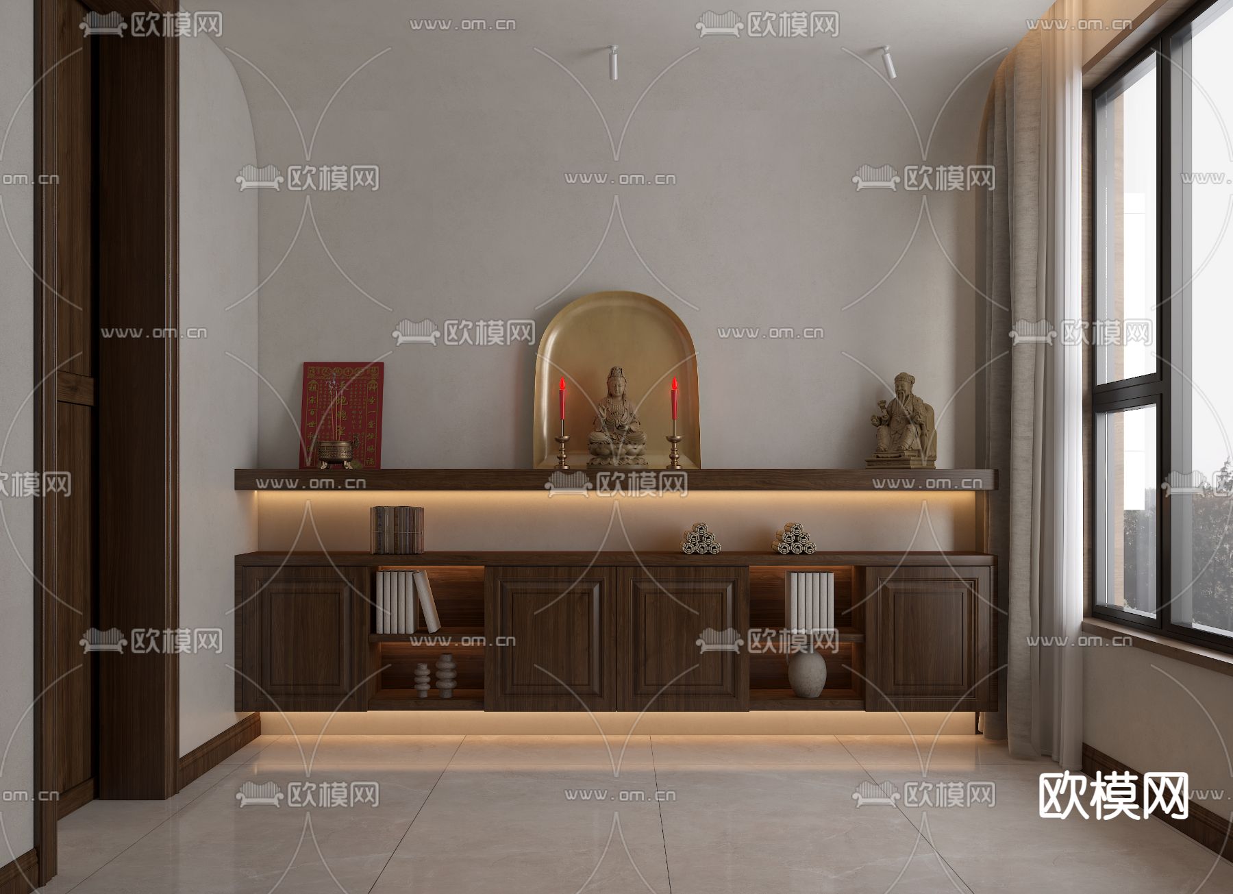 中式佛堂 佛龛室 供奉台 财神庙3d模型下载（渲染图1）