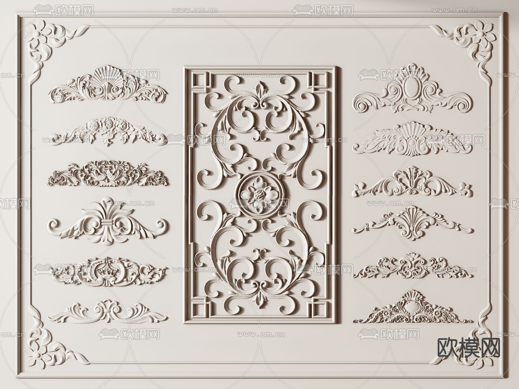 法式雕花 雕刻 石膏线 角花3d模型下载