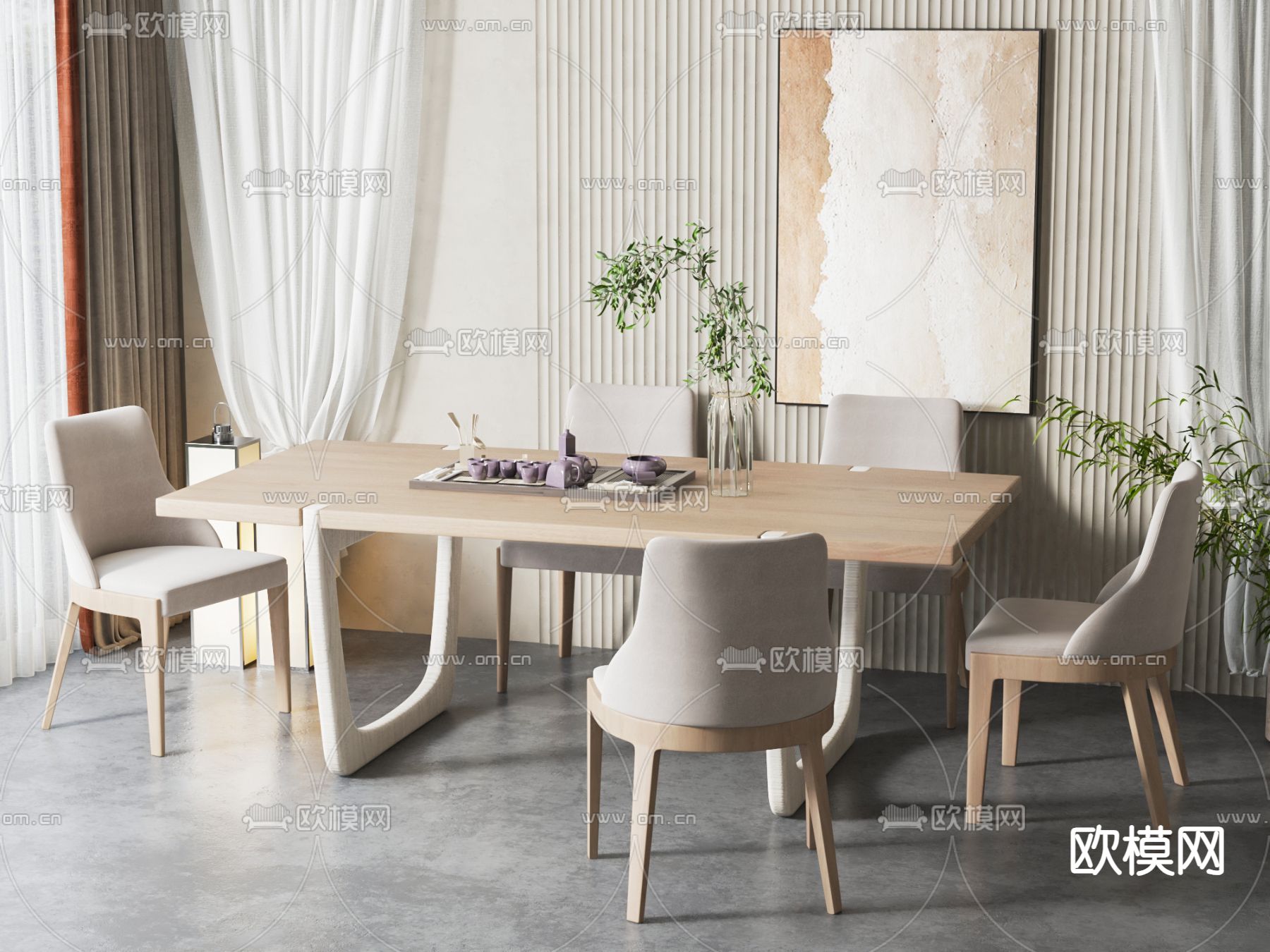 奶油风餐桌椅 条形餐桌3d模型下载