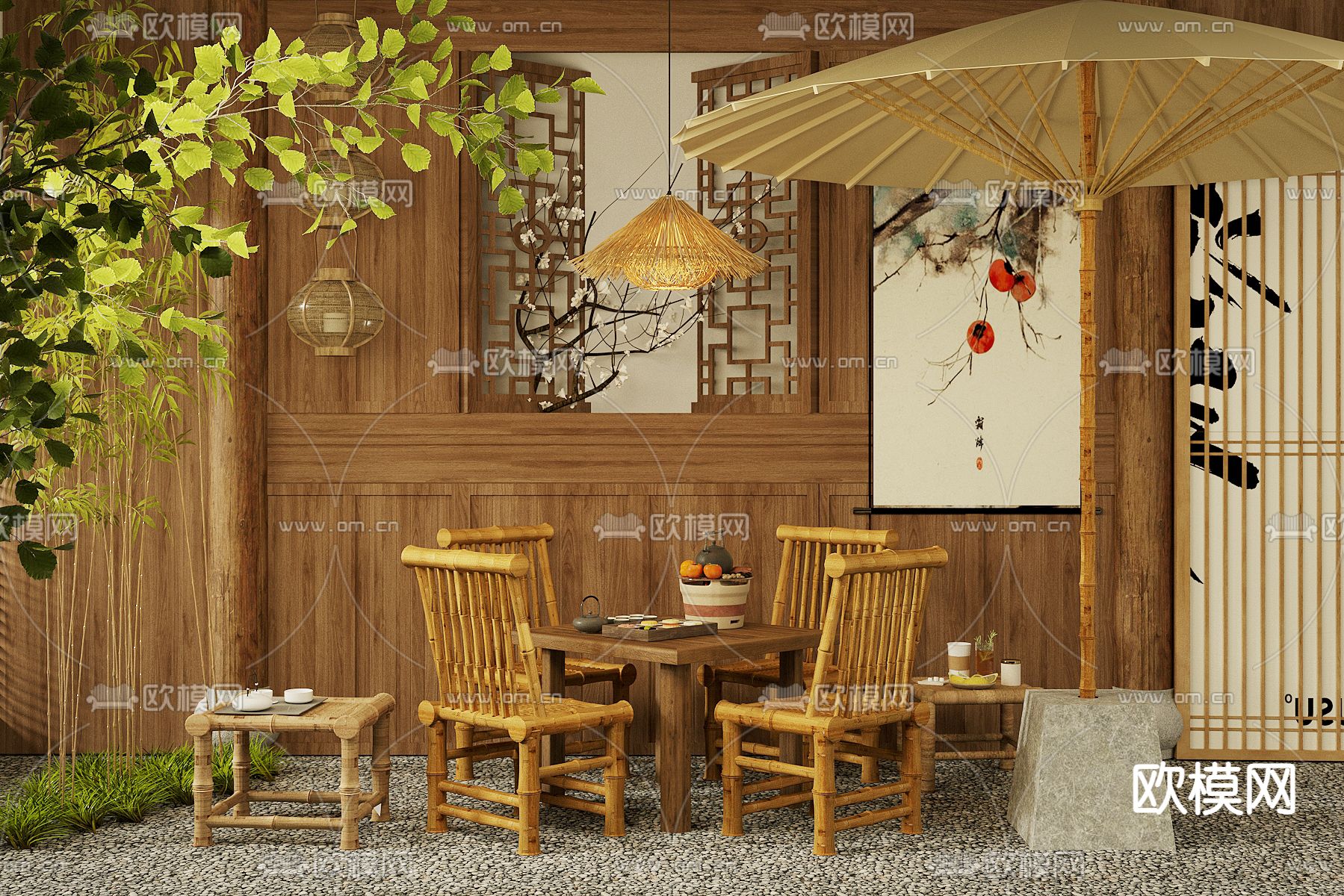 户外桌椅 竹子桌椅3d模型下载