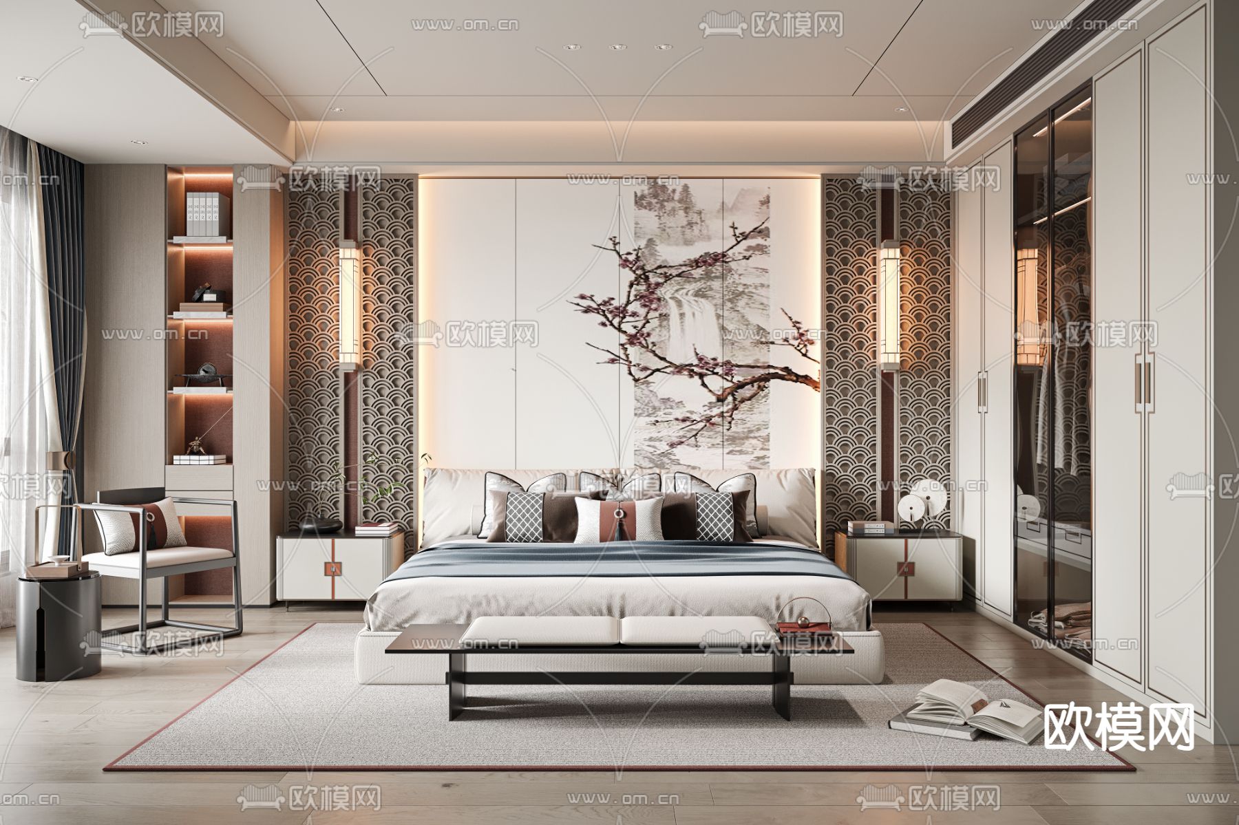 新中式卧室 主卧 主人房3d模型下载（渲染图1）