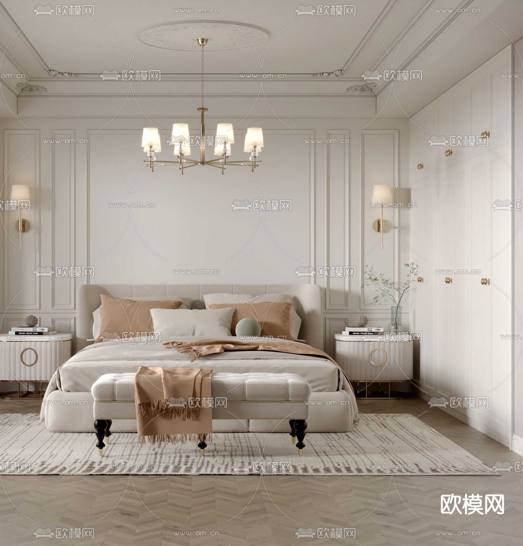 美式卧室 主卧 主人房3d模型下载（渲染图2）