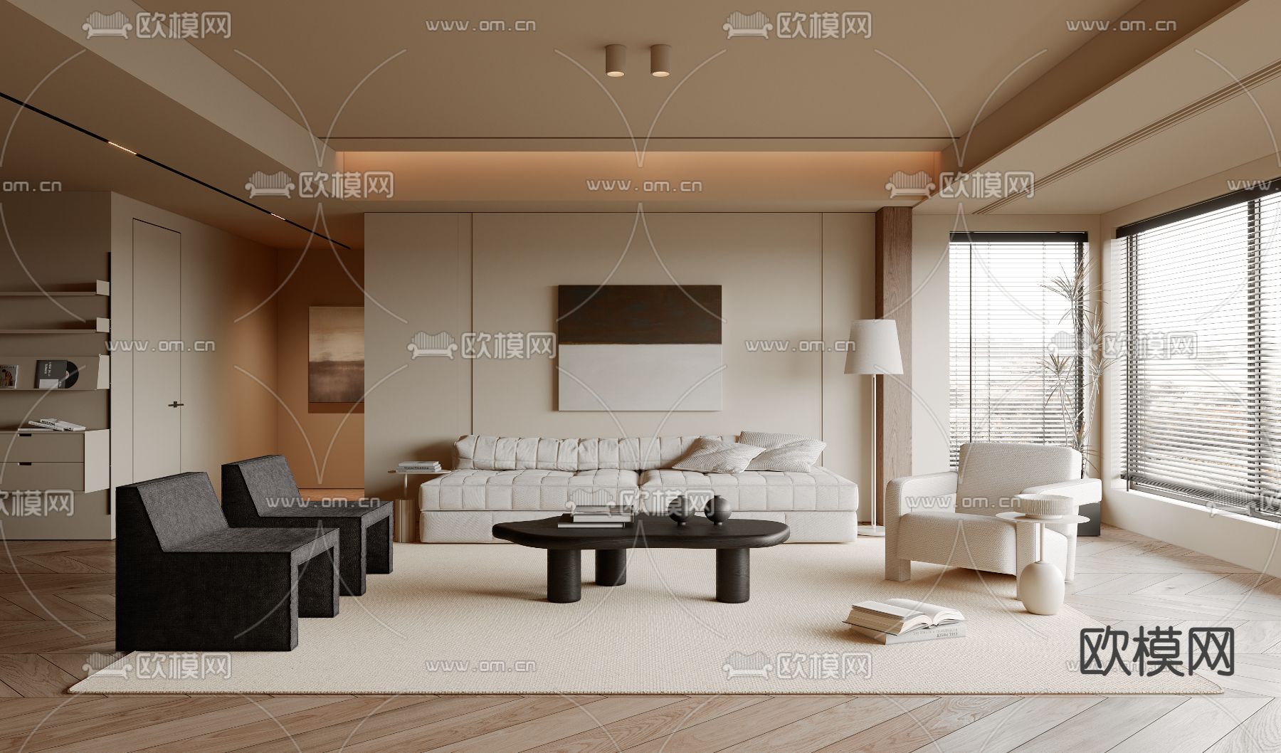 奶油风客厅3d模型下载（渲染图1）