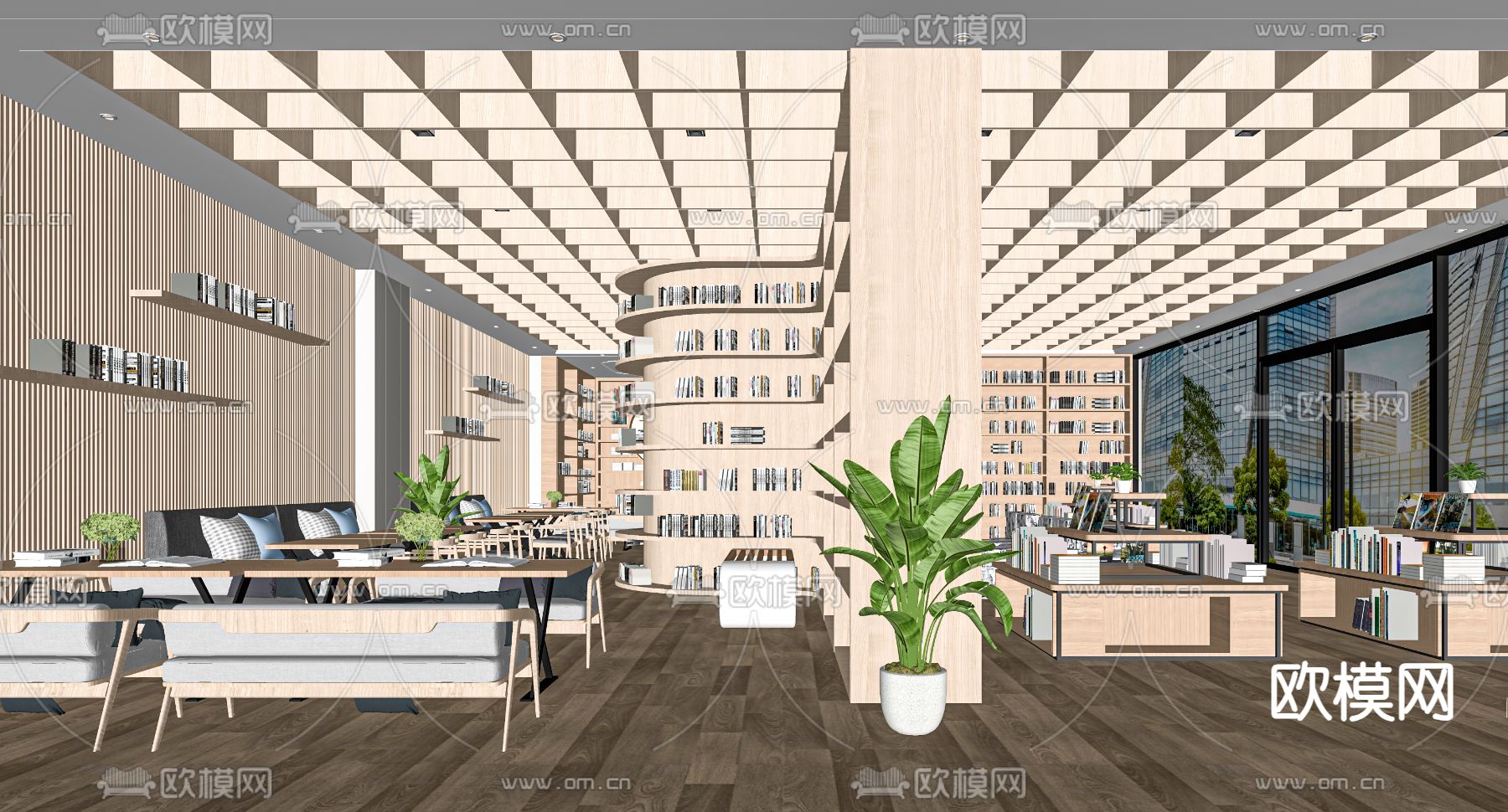 现代书吧 图书馆su模型下载（渲染图2）