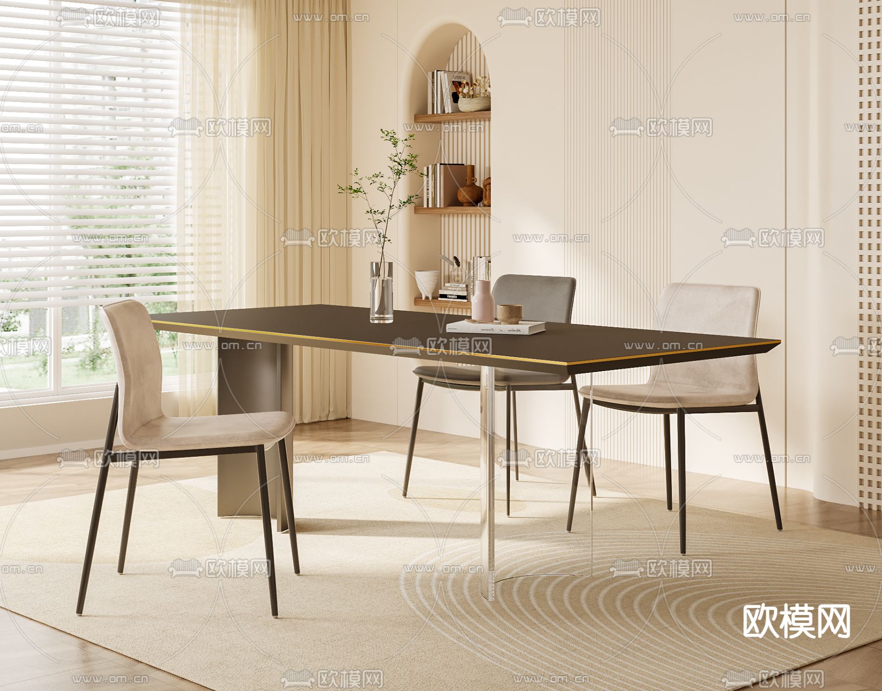 奶油风餐桌椅3d模型下载