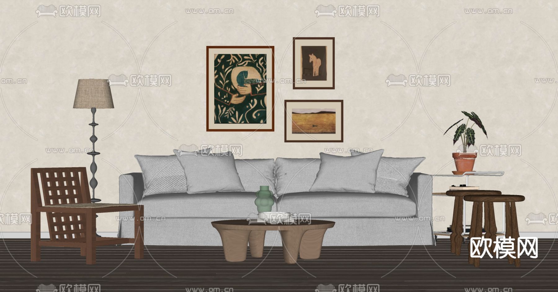 中古风组合沙发su模型下载（渲染图2）