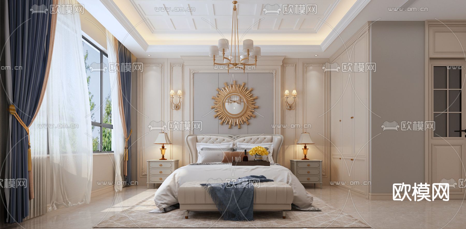简欧卧室 主人房3d模型下载（渲染图1）