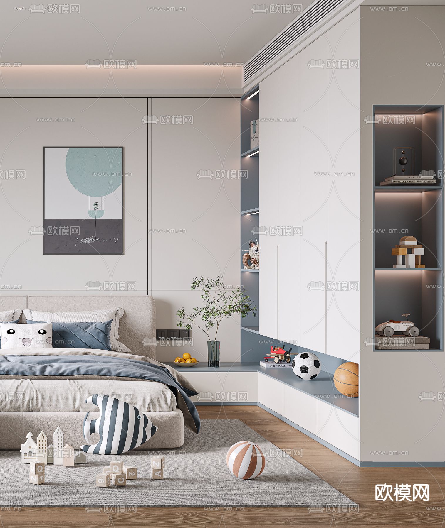现代儿童房 男孩房 小孩房3d模型下载（渲染图2）