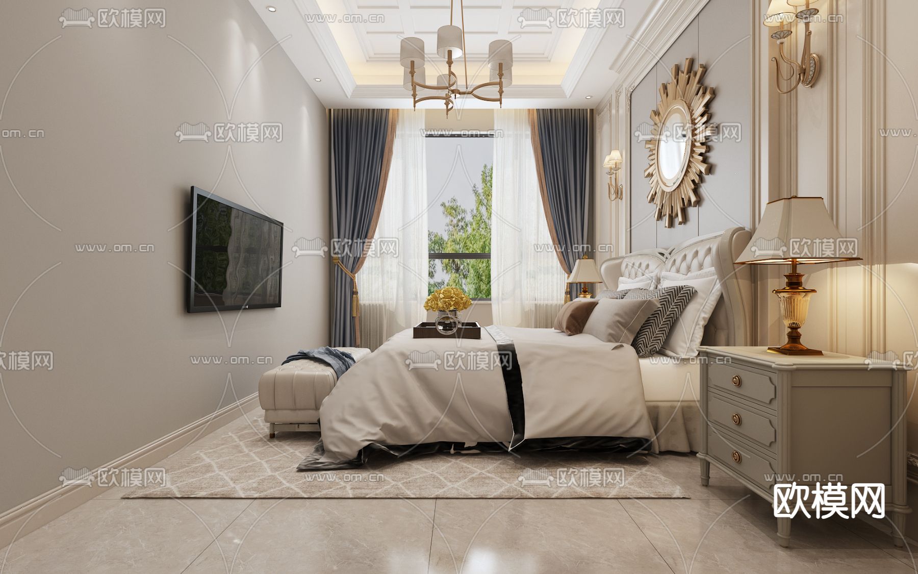 简欧卧室 主人房3d模型下载（渲染图2）