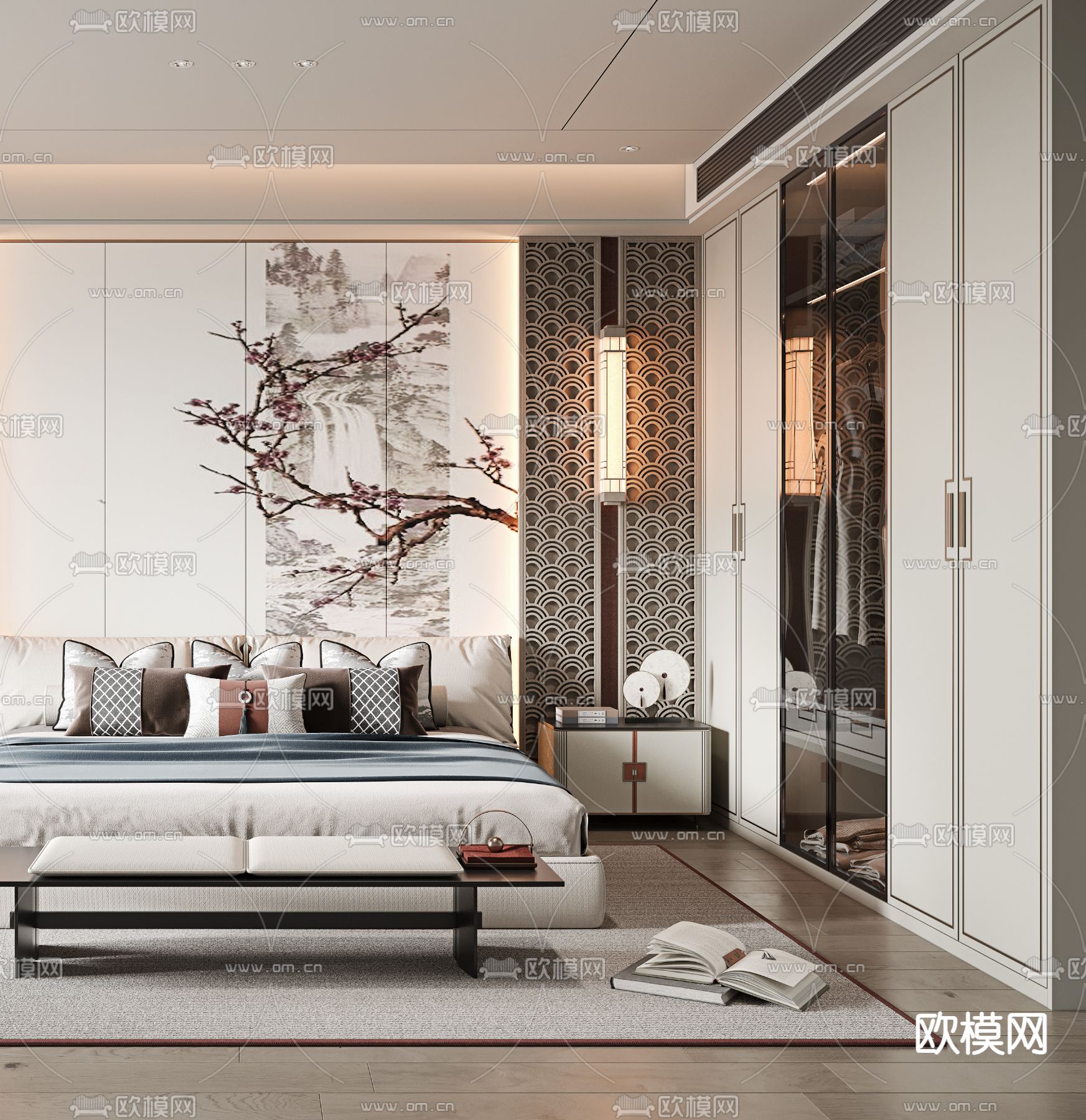 新中式卧室 主卧 主人房3d模型下载（渲染图3）